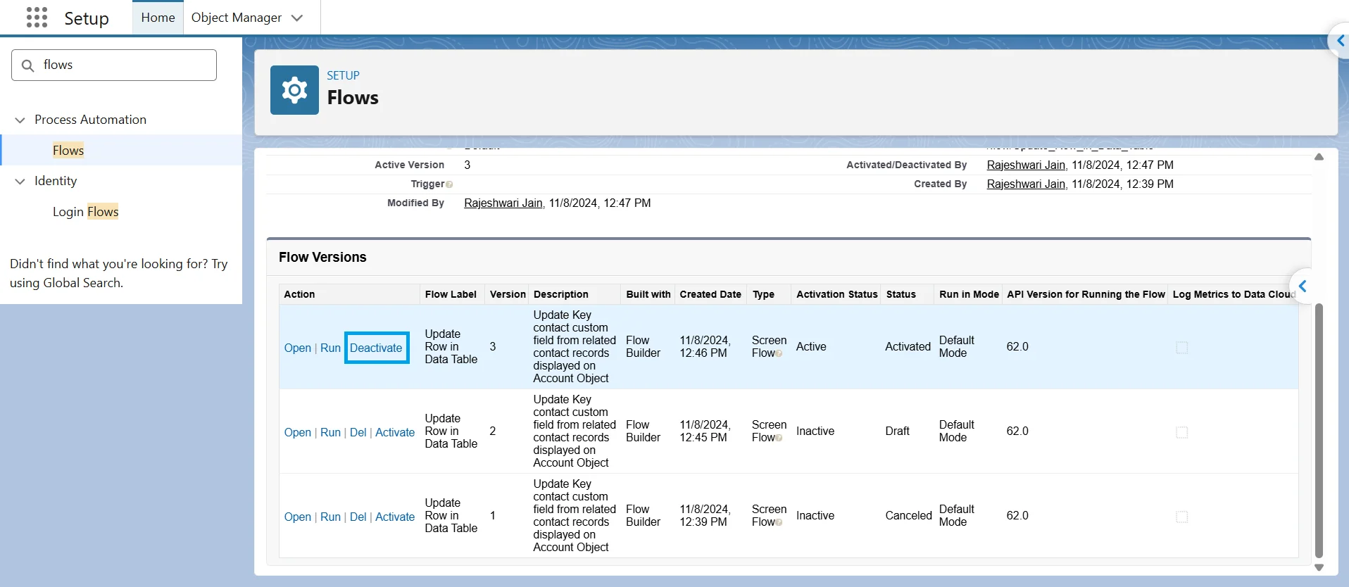 Flow Versions list in Setup with the Deactivate link highlighted next to the active version.