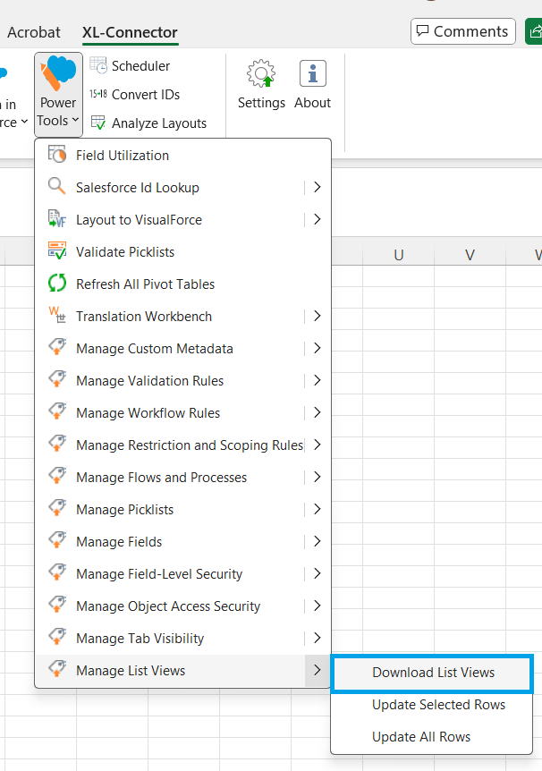 Screenshot of XL-Connector menu in Excel showing Manage List Views option with Download List Views