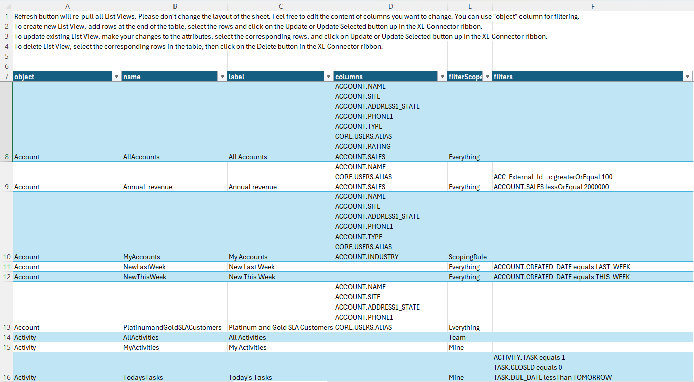 Screenshot of Excel sheet generated after using XL-Connector Download List Views showing Salesforce objects, fields and filters