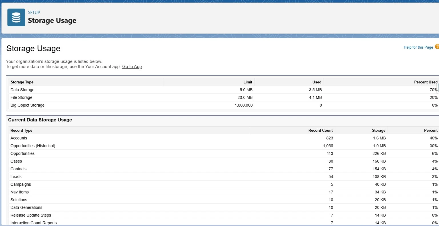 Salesforce Storage Usage page showing Data Storage, File Storage, Big Objects, and record count breakdown by object.