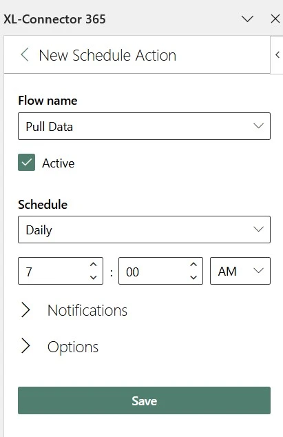 XL-Connector 365 scheduling setup showing Pull Data flow configured to run daily at 7 AM with active status enabled.