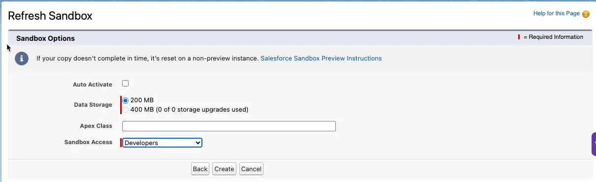 Start sandbox Refresh
