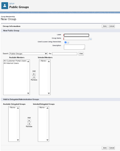 Salesforce screen for creating a new Public Group with member selection and group settings