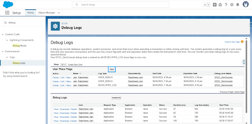 Salesforce Debug Logs screen showing user trace flags and application log entries.