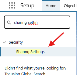 Salesforce Setup screen showing how to search for Sharing Settings to configure Sharing Rules