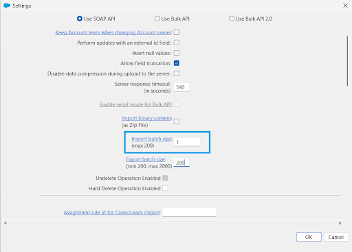 Salesforce Data Loader settings showing import batch size of 1 and export batch size of 200.