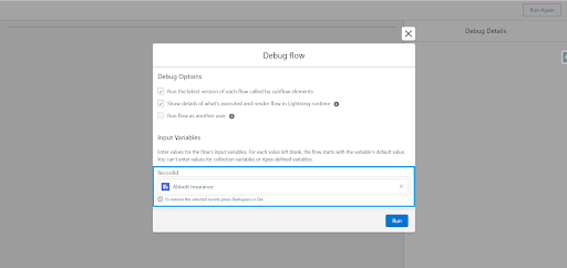 Debug Flow screen in Salesforce with RecordId entered to run flow in debug mode.