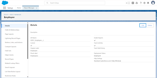Salesforce setup screen displaying custom Employee object settings and configuration details.