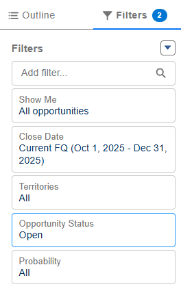 Salesforce Lightning report builder showing filters for opportunities, including close date, status, and probability.