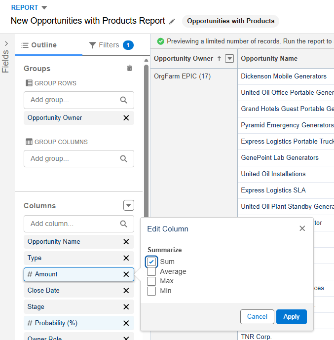 Salesforce Lightning report builder showing grouped opportunities and the Edit Column summary options for Amount.