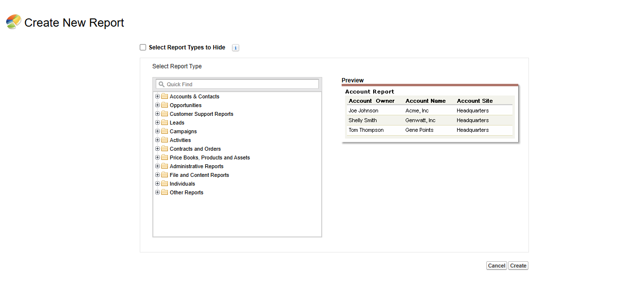Salesforce Classic interface showing report type selection tree with an account report preview panel.