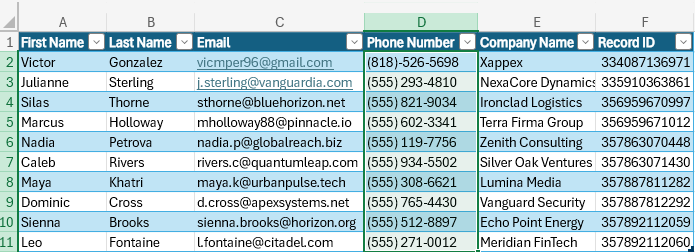 Excel table with contact data selected, including phone number, company name, and Record ID for updating.