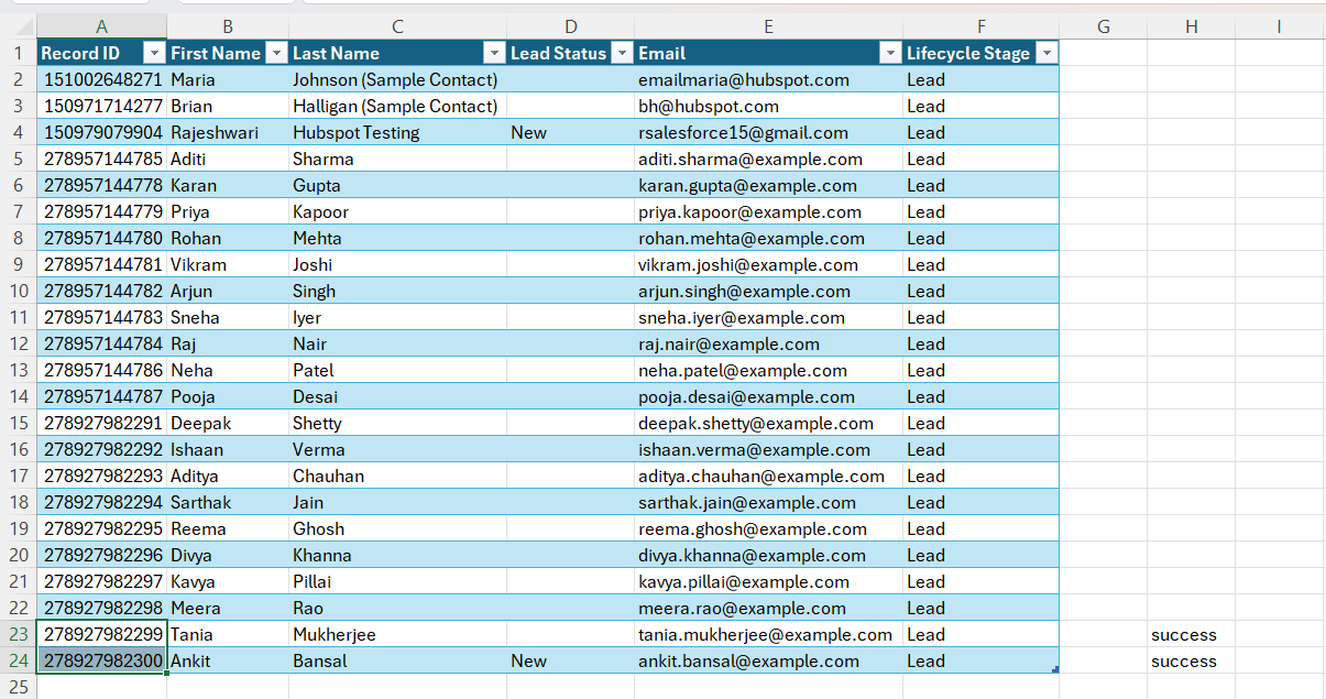 Excel table with HubSpot contact Record IDs selected, ready for a delete operation in XL-Connector 365.