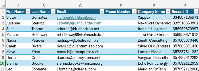 Excel table with contact fields and a Record ID column, with multiple rows selected for an operation.