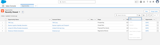 Salesforce Lightning “Opportunities” List View showing the controls menu open next to the search bar with the “New” option selected.