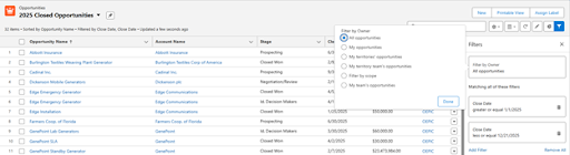Salesforce Lightning “2025 Closed Opportunities” List View showing the Filter By Owner menu with options for team and territory filtering.