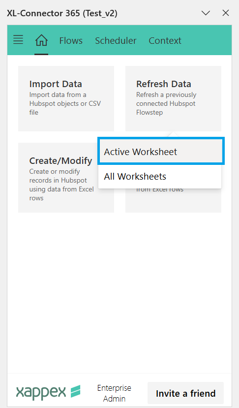 XL-Connector 365 Home screen showing a menu to switch between Active Worksheet and All Worksheets.