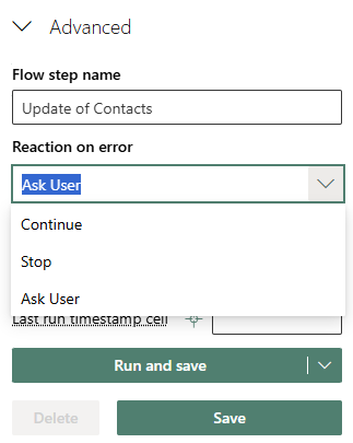 XL-Connector 365 Advanced settings with Reaction on error dropdown showing Ask User, Continue, and Stop options.