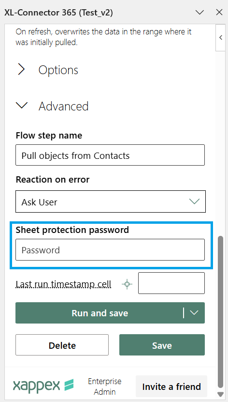 XL-Connector 365 Advanced settings showing the Sheet protection password field for a flow step.