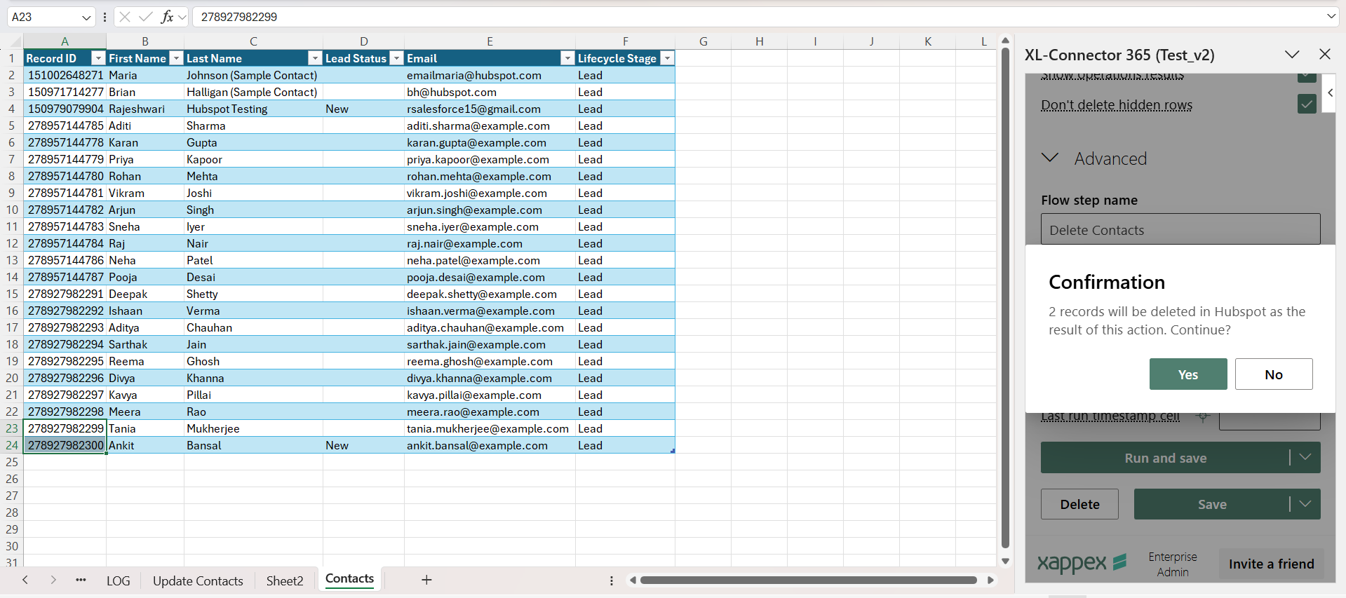 XL-Connector 365 confirmation dialog asking to delete selected HubSpot records, with Yes and No buttons.