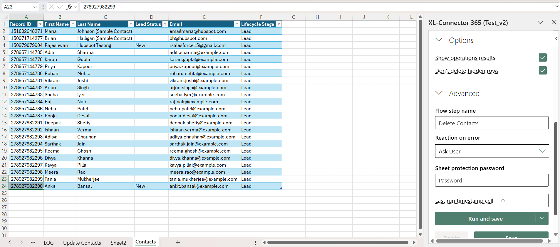 XL-Connector 365 Delete Contacts settings showing flow step name, reaction on error, and show results options.