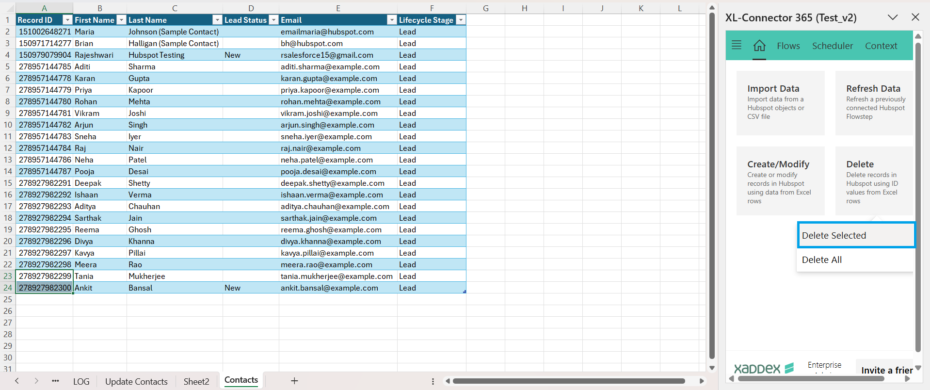 Excel sheet with HubSpot records selected while XL-Connector 365 shows Delete Selected in the Delete menu.