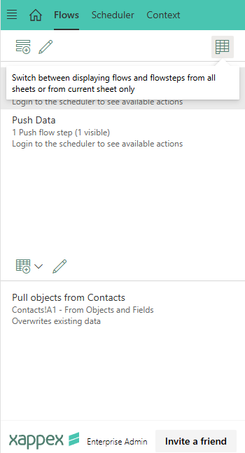 XL-Connector 365 Flows tab with a toggle to show flows and flow steps from all sheets or the current sheet.