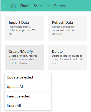 XL-Connector 365 Home screen with the Create/Modify menu expanded showing Update and Insert options.