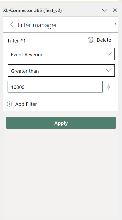 XL-Connector 365 Filter manager with a rule set to Event Revenue greater than 10000.
