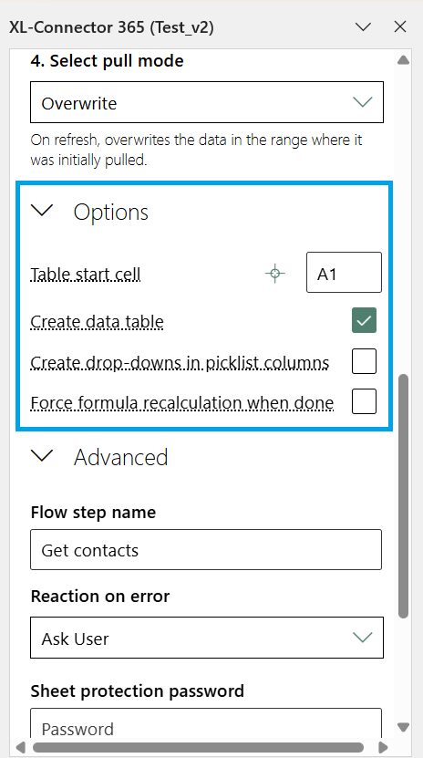 XL-Connector 365 Options showing table start cell A1 and the Create data table setting enabled.