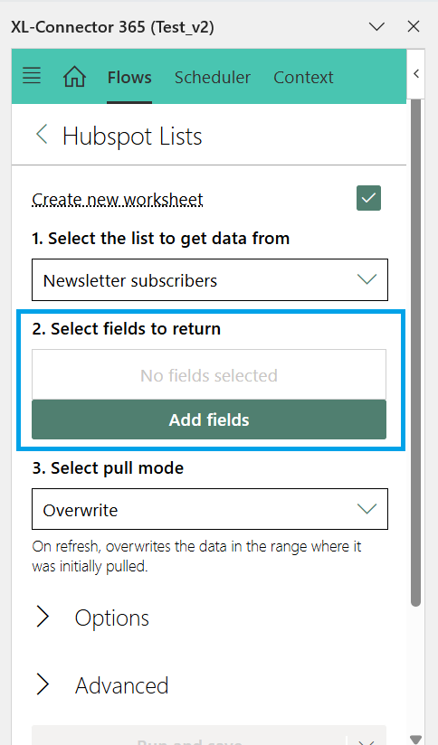 XL-Connector 365 HubSpot Lists screen highlighting the Select fields to return section and Add fields button.
