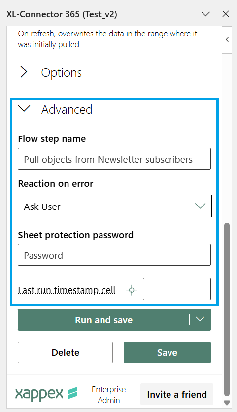 XL-Connector 365 Advanced settings with flow step name, reaction on error, and sheet protection password.