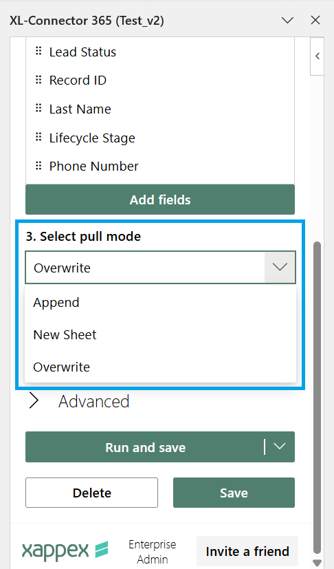 XL-Connector 365 pull mode dropdown showing Append, New Sheet, and Overwrite options.
