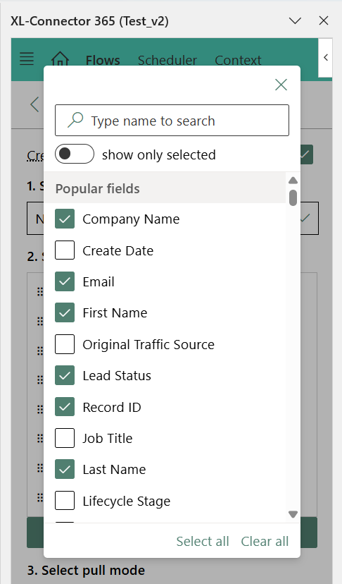 Field selection popup in XL-Connector 365 with fields like Email, First Name, and Record ID selected.