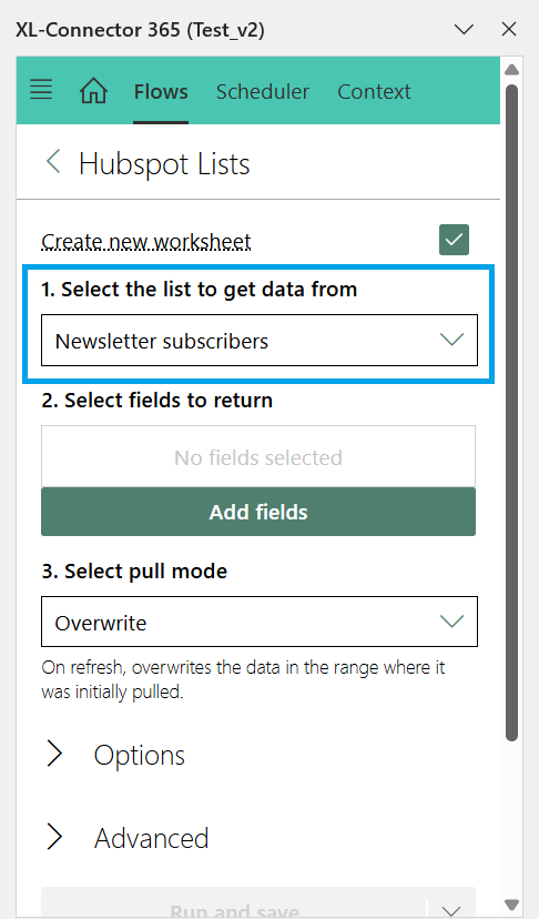 XL-Connector 365 HubSpot Lists screen with the Newsletter subscribers list selected.