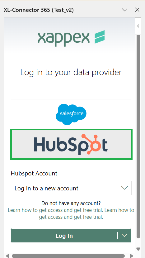 XL-Connector 365 login screen with HubSpot selected as the data provider.