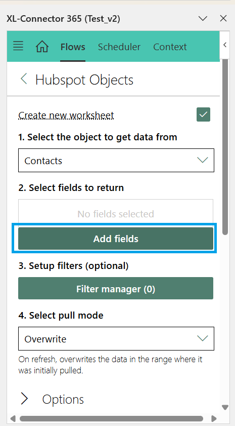 XL-Connector 365 HubSpot Objects screen with Contacts selected and the Add fields button highlighted.