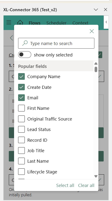 Field selection popup in XL-Connector 365 showing HubSpot fields like Company Name, Create Date, and Email selected.