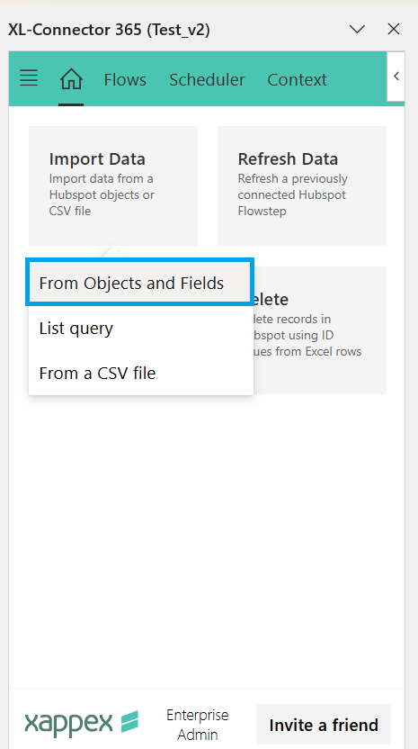 XL-Connector 365 Import Data menu showing the From Objects and Fields option selected.