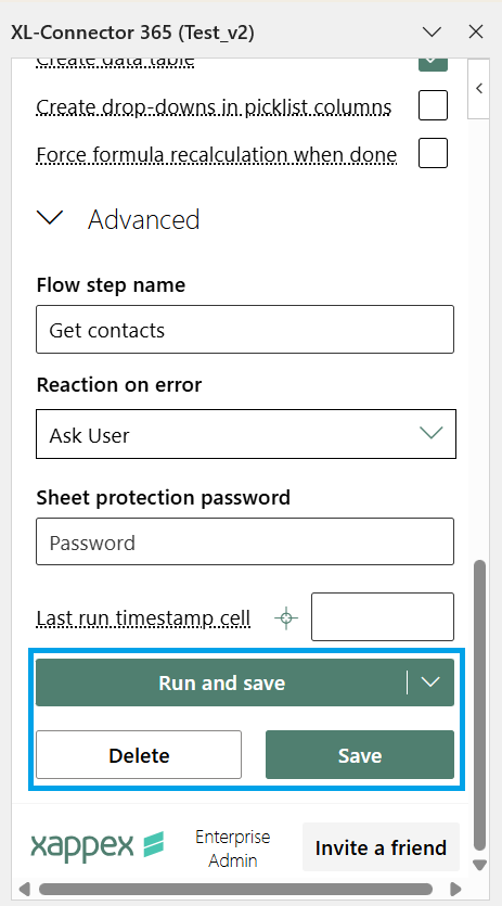 XL-Connector 365 Advanced section showing the Run and save button to save the import as a flow step.