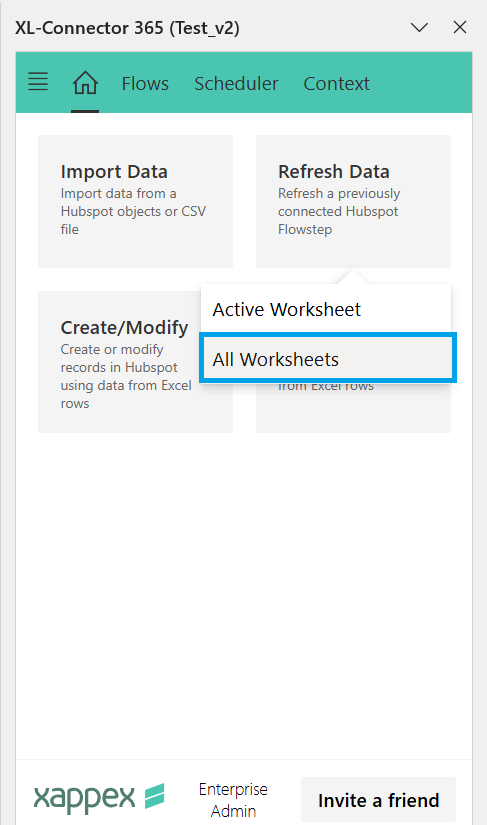 XL-Connector 365 Home screen showing a menu to switch between Active Worksheet and All Worksheets.