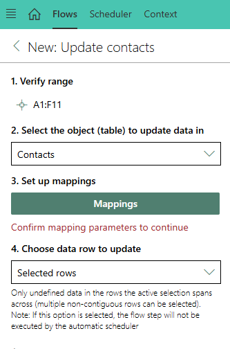 XL-Connector 365 Update contacts screen showing range selection, Contacts object, mappings, and selected rows.