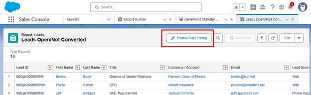 Salesforce Lightning report run page with Enable Field Editing button highlighted at the top.