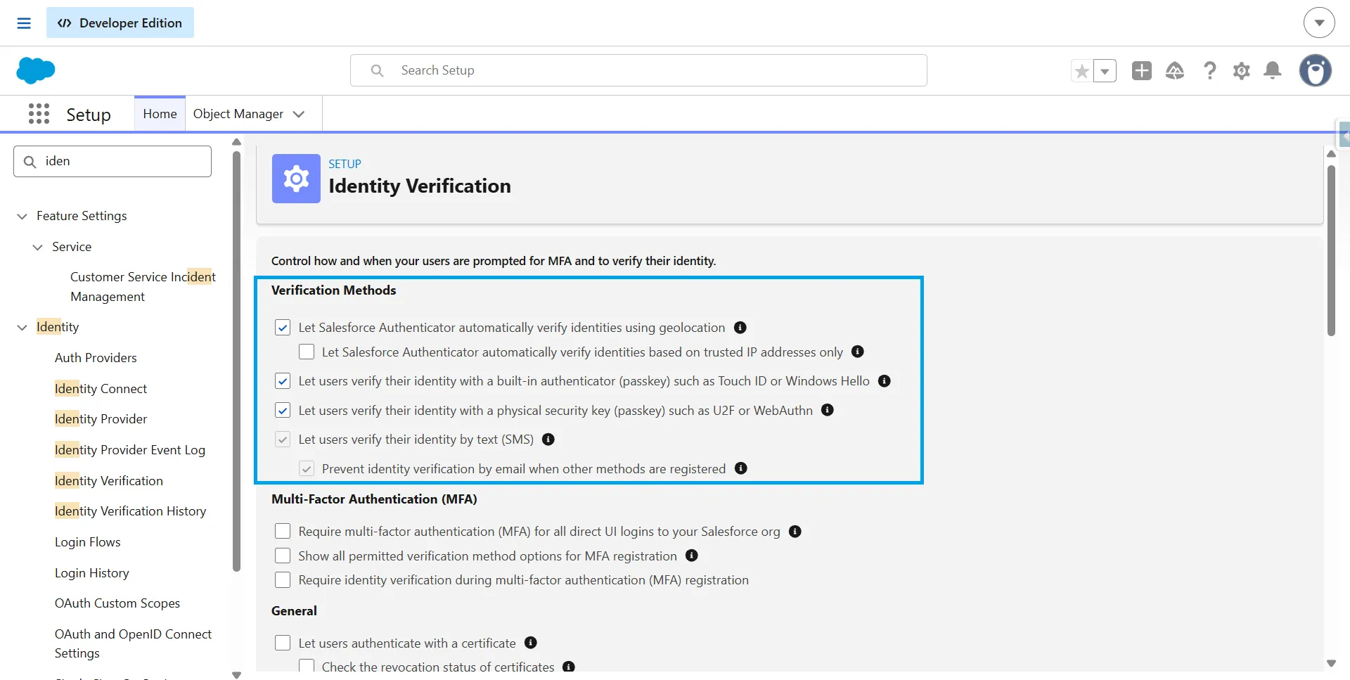 Salesforce Identity Verification settings showing Verification Methods options including authenticator, passkey, and SMS.