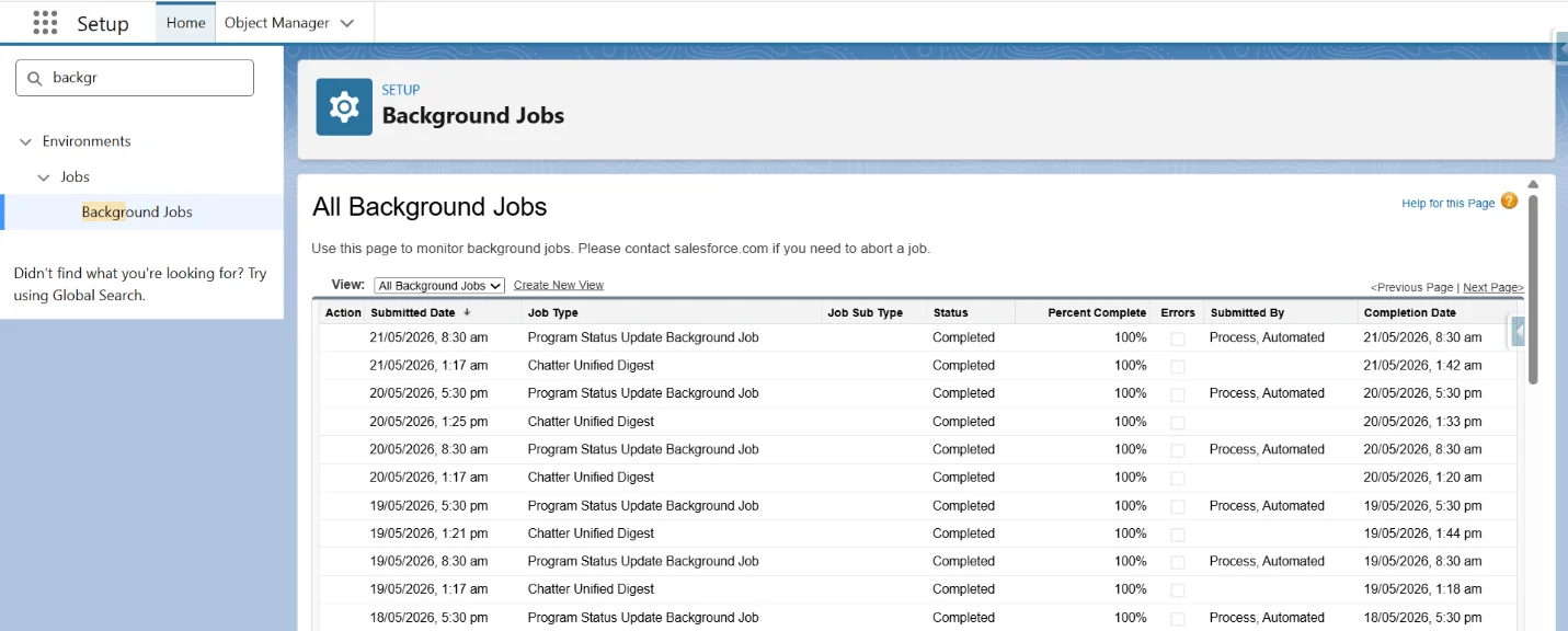 Salesforce Setup Background Jobs page showing a list of completed background jobs with status and dates.