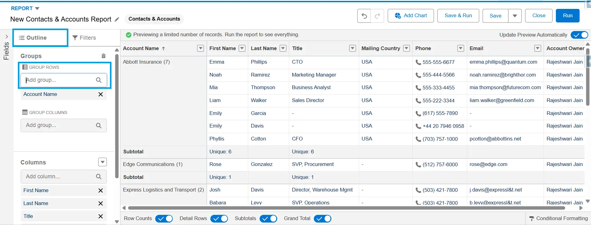Salesforce report Outline panel showing Account Name added under Group Rows section with grouped report preview on the right.