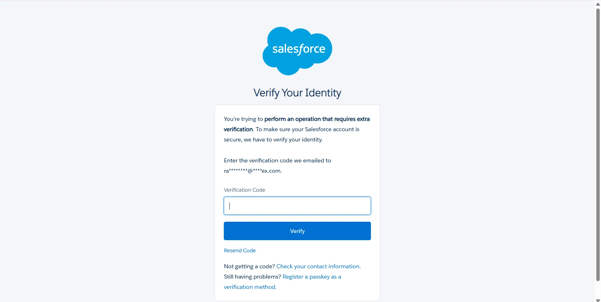 Salesforce Verify Your Identity screen with a verification code field for step-up authentication.