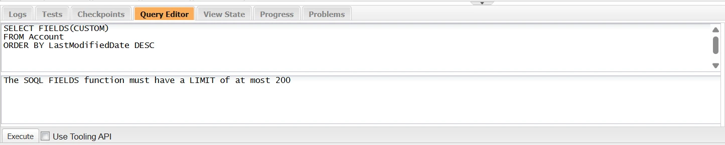 FIELDS(CUSTOM) query on Account in Salesforce Developer Console, showing the required LIMIT of 200 or fewer.