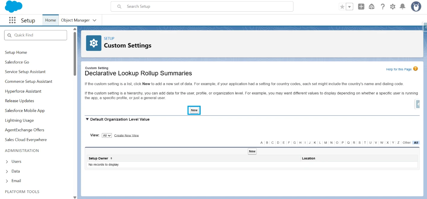 Declarative Lookup Rollup Summaries page in Salesforce Setup with the New button highlighted.