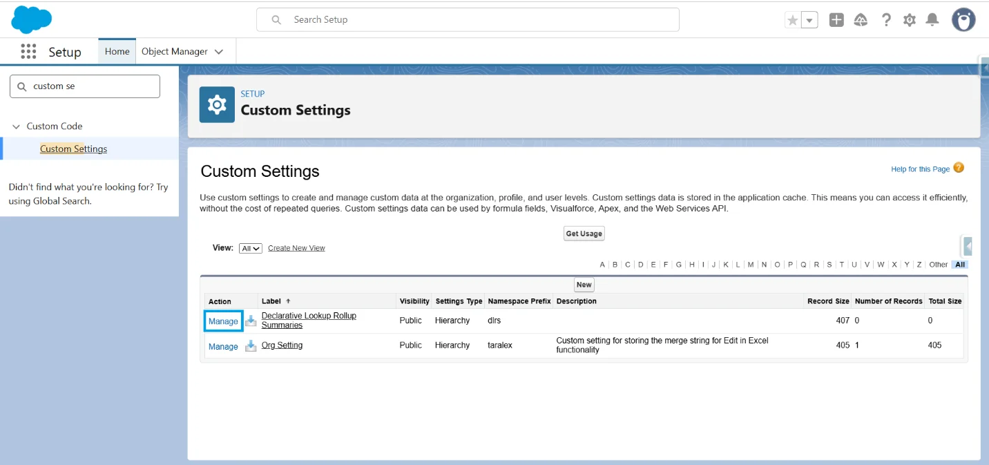 Salesforce Custom Settings page showing the Declarative Lookup Rollup Summaries entry with a Manage link.